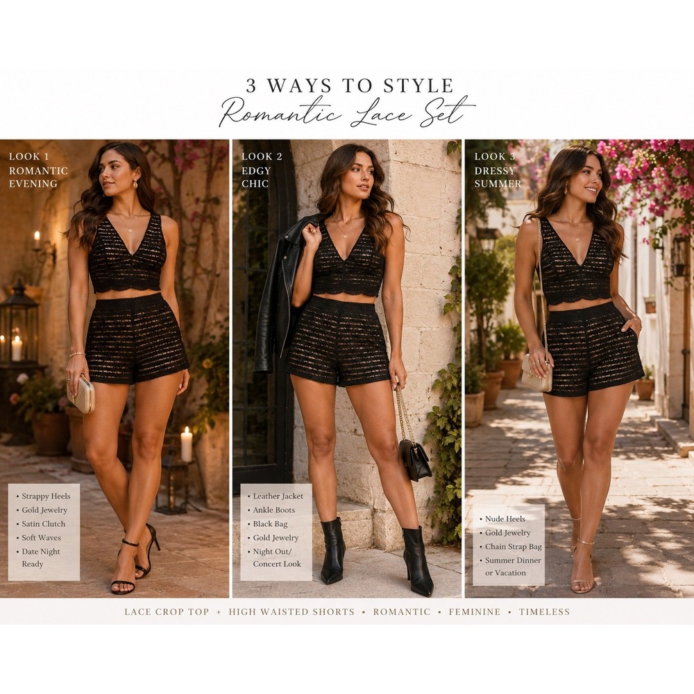 Lush Black Lace Striped Two Piece Set Crop Top & High Waisted Shorts LT11953-S05